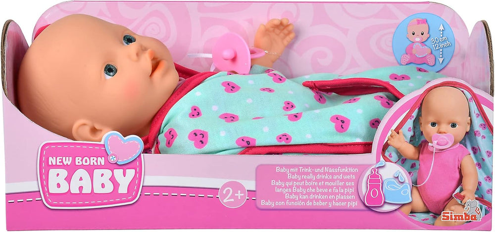 Simba 105030071 - New Born Baby mit Schmusedecke, Vollvinylpuppe mit Trink- und Nässfunktion, Schmusedecke und Schnuller, 30cm, Spielpuppe, Babypuppe ab 2 Jahre