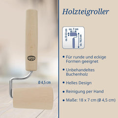 Sucitor din lemn Dr. Oetker – Sucitor din lemn de fag de înaltă calitate – Perfect pentru forme rotunde și pătrate – aprox. 18 x 7 cm, diametru rolă aprox. 4,5 cm