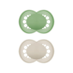 Suzete MAM Original, pachet de 2, suzete pentru bebeluși prietenoase cu dinții, fabricate din materiale sustenabile și bioregenerabile, tetine din silicon MAM SkinSoft, cu cutie pentru suzetă, 6-16 luni, verde/bej