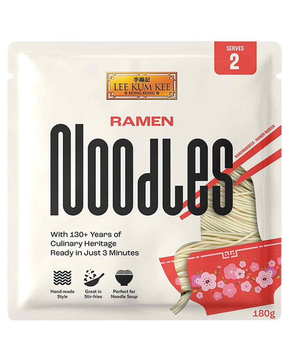 Tăiței Ramen LEE KUM KEE - ramen asiatic cu o textură delicată și fină, clasicul pentru supe ramen și mâncăruri la wok, tăiței semi-uscați, două porții per pachet, pachet multiplu de 6 x 180g