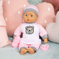 Bayer Design 93602AA Babypuppe Kiss Baby, Puppe, Kussfunktion, Geräusche, Interaktive Weichkörperpuppe, Funktionspuppe mit Schnuller und Flasche, Weiß