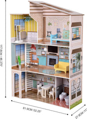 Olivia's Little World, casă de păpuși interactivă din lemn pentru copii, stil mediteranean contemporan, cu 3 etaje, cu 17 accesorii pentru mobilier de păpuși, multicoloră, TD-13551B
