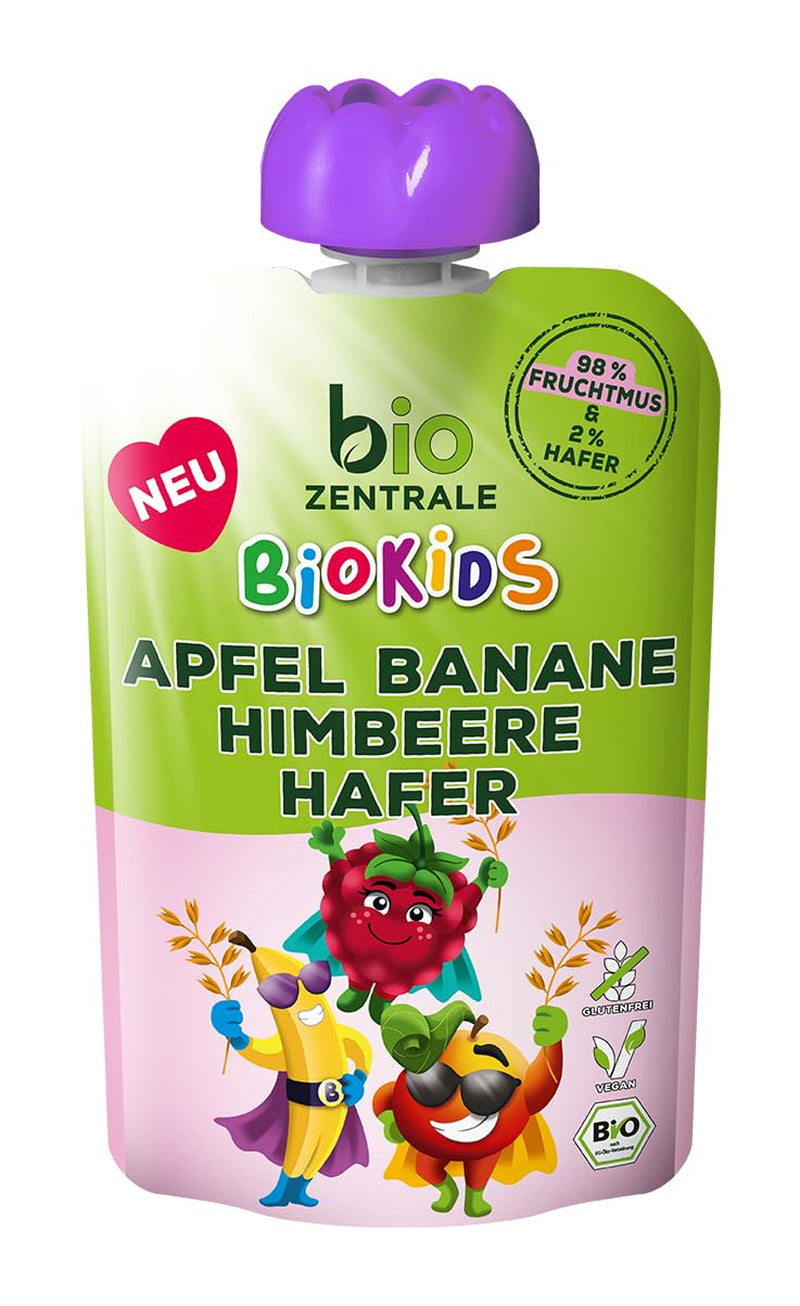 biozentrale BioKids Piure de fructe Măr Banană Zmeură Ovăz | 12 x 90g | Gustare fructată fără zahăr adăugat | Vegan