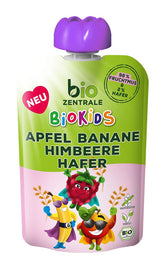 biozentrale BioKids Piure de fructe Măr Banană Zmeură Ovăz | 12 x 90g | Gustare fructată fără zahăr adăugat | Vegan