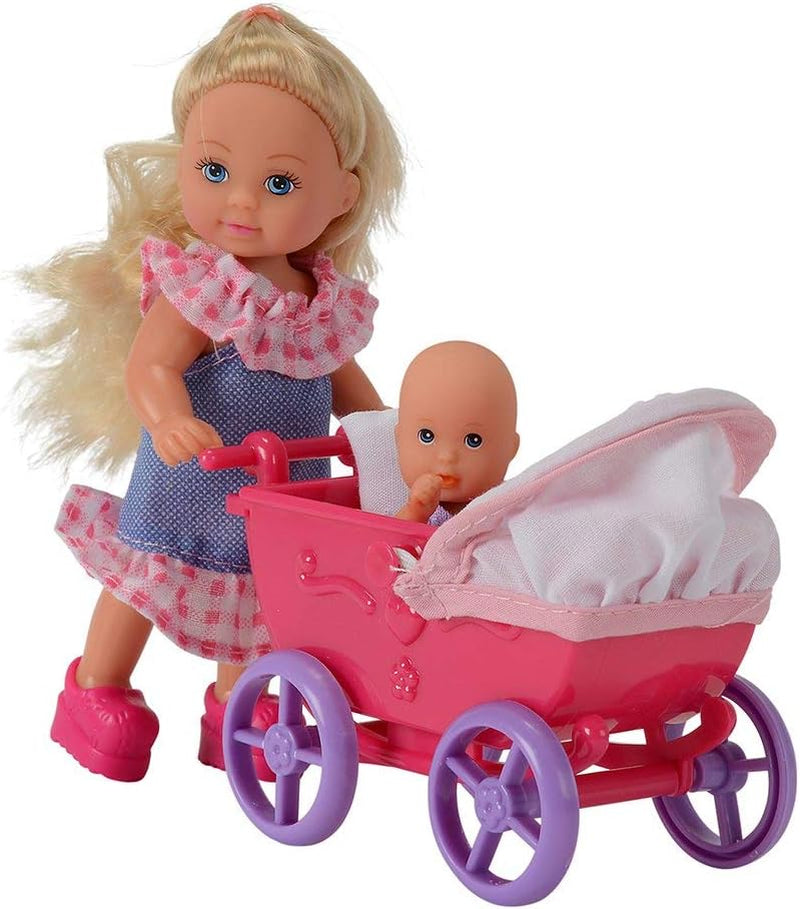 Simba 105736241 - Păpușa Evi Love Walk, 2 asortate, păpușă Evi cu păpușă bebeluș, cu cărucior pentru păpușă, inclusiv accesorii, păpușă la modă, 12 cm, pentru copii cu vârsta de 3 ani și peste