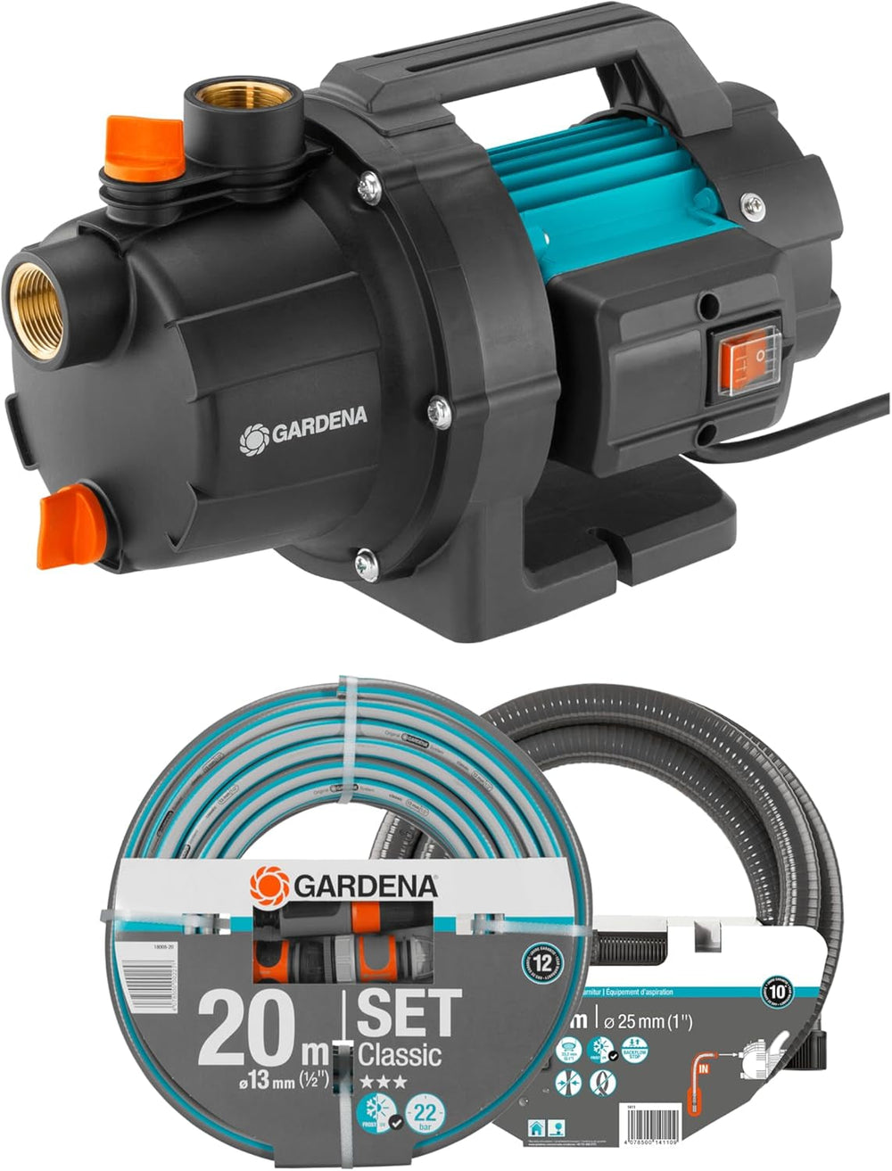Set pompă de grădină Gardena 09011-47 3000/5, până la 3.000 l/h cu set furtun