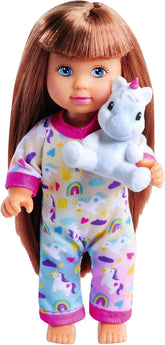 Simba Evi Love Pyjama, 3-Fach Sortiert, es Wird nur EIN Artikel geliefert, Puppe in einem süßen Pyjama mit Einhornkuscheltier, 12cm Spielpuppe, ab 3 Jahren