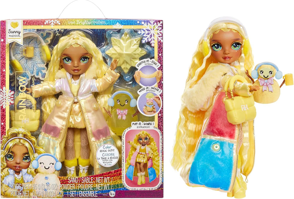 Rainbow High Winter Wonderland - Sunny (Galben) - Păpușă la modă de 28 cm, cu zăpadă magică ascunsă care se umflă cu apă, cu set de om de zăpadă, potrivită pentru copii 4-12 ani și colecționari