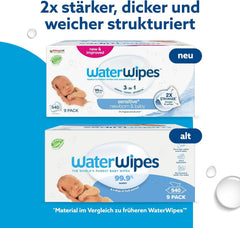 Șervețele umede WaterWipes Sensitive+ pentru nou-născuți și bebeluși, 540 bucăți (9 pachete), curățare, îngrijire, protecție 3 în 1, 99,9% apă, fără parfum