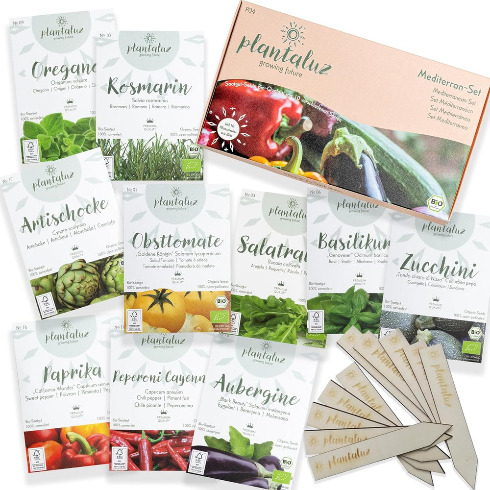 Set de semințe premium organice Plantaluz P04 – Set de semințe mediteraneene pentru legume și plante aromatice cu 10 soiuri pentru grădină, balcon și straturi înalte – incl. bețe de plantare FSC – Semințe organice cu polenizare liberă și fără OMG