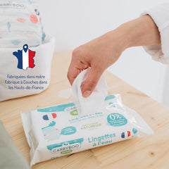 Șervețele umede pentru bebeluși cu apă – fără parfum și alergeni – 9 bucăți – piele normală și sensibilă – curăță și calmează – fibre de origine 100% naturală – fabricate în Franța – 522 de șervețele