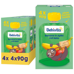 Banană în măr cu plic de biscuiți – 16 bucăți (4 pachete, 4 x 90g fiecare), fără zahăr adăugat, făcute din fructe blânde și cereale valoroase, ideale pentru gustări la pachet și pentru deplasare