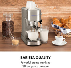 Klarstein Futura Espressor, Espressor cu Filtru Portabilă, 1450 W, 20 bar, Calitate Barista, Duză Dublă, Stop debit, Espressor cu Filtru Portabilă, Funcție de Spumare a Laptelui, Argintiu