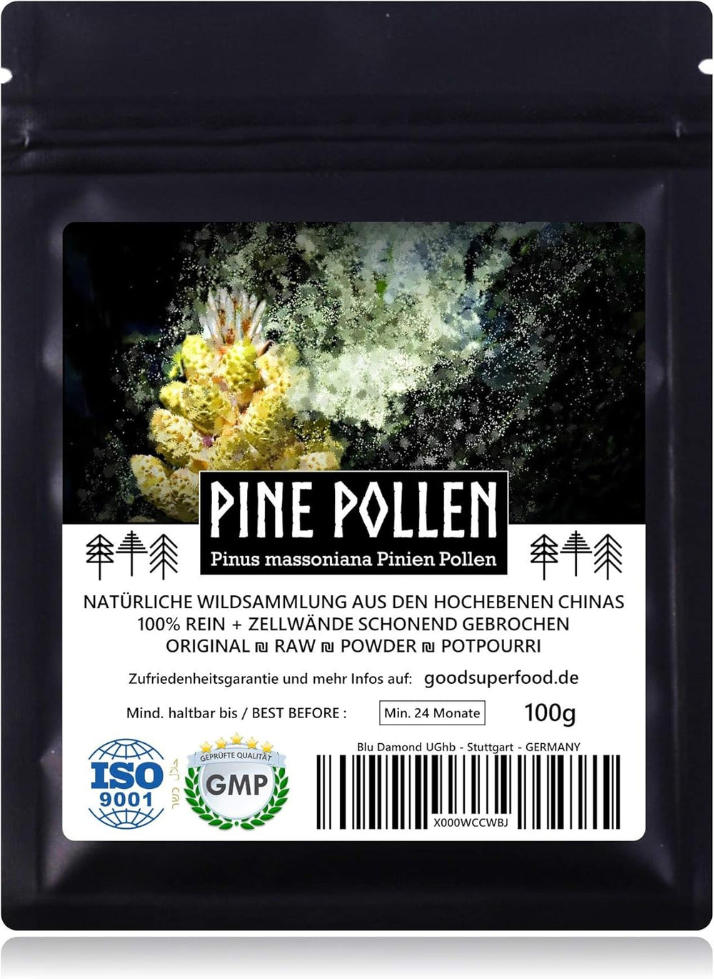 PINE POLLEN (Pinien Pollen) - Natürliche Wildsammlung | Top-Qualität Vom Nr.1-Original | 100% Rein + Laborgeprüft Auf Schadstoffe | GMP + ISO-9001 Zertifiziert | Frisch Geerntet | Roh Vegan | 100G