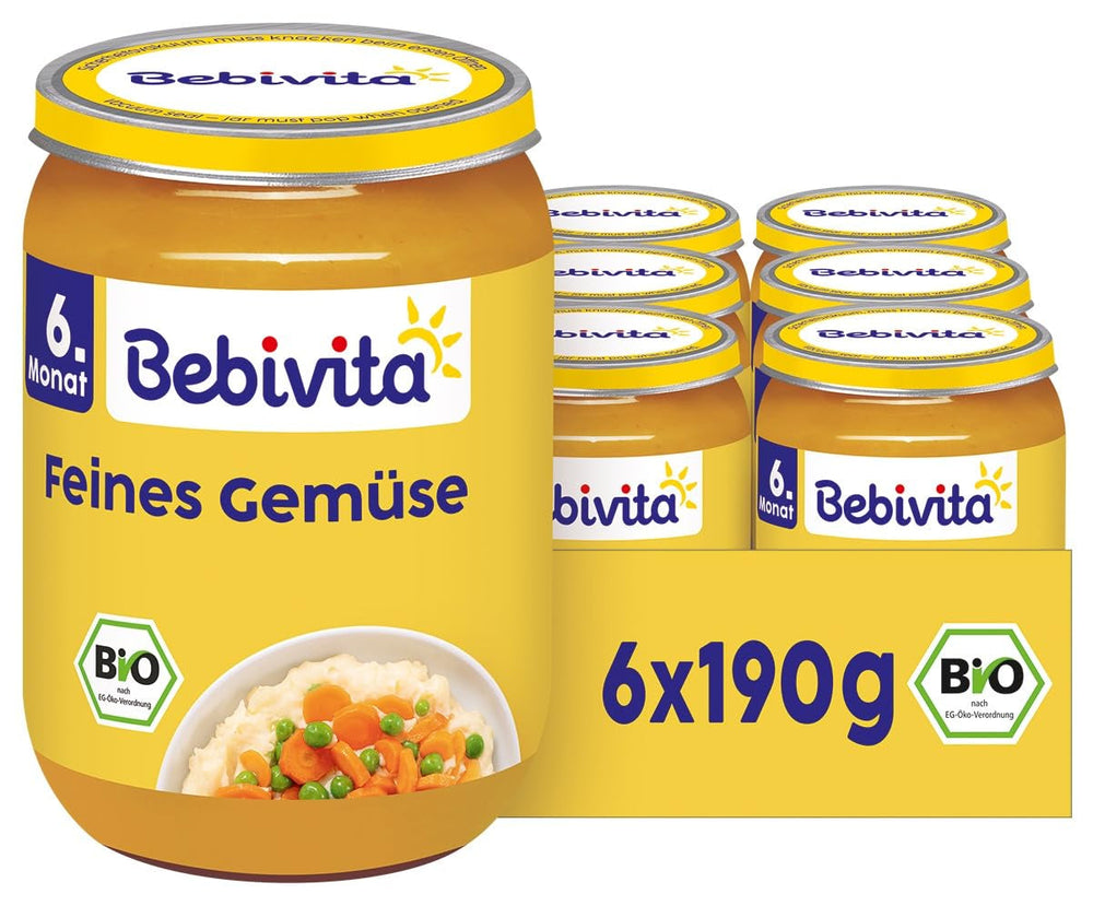 Legume fine organice (6 x 190g), de la 6 luni, fără sare adăugată, borcanul ideal de legume pentru începerea hrănirii complementare