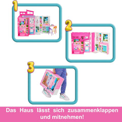Barbie-Puppenhaus Spielset, Ferienhaus mit 4 Spielbereichen, darunter Küche, Badezimmer, Schlafzimmer und Lounge, 11 Deko-Zubehörteile, HRJ76