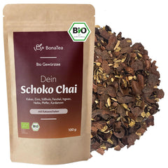 Ceai cu condimente BIO Schoko-Chai fără zahăr, cu coji de cacao, scorțișoară, lemn dulce și alte condimente aromatice Chai, 100 g