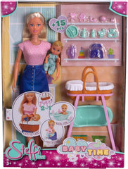 Simba Steffi Love Baby Time, Spielpuppe kümmert Sich um das kleine Baby, inkl. 2-in-1 Wiege, Badewanne, Töpfchen und über 15 Accessoires, ab 3 Jahre