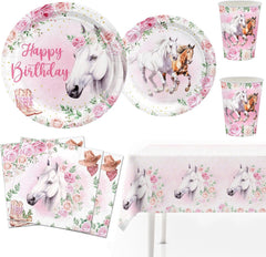 Set de petrecere cu 51 de piese, farfurii de hârtie cu cai roz, pahare, șervețele, pentru copii, fete, băieți, decorațiune de masă cu cai pentru ziua de naștere