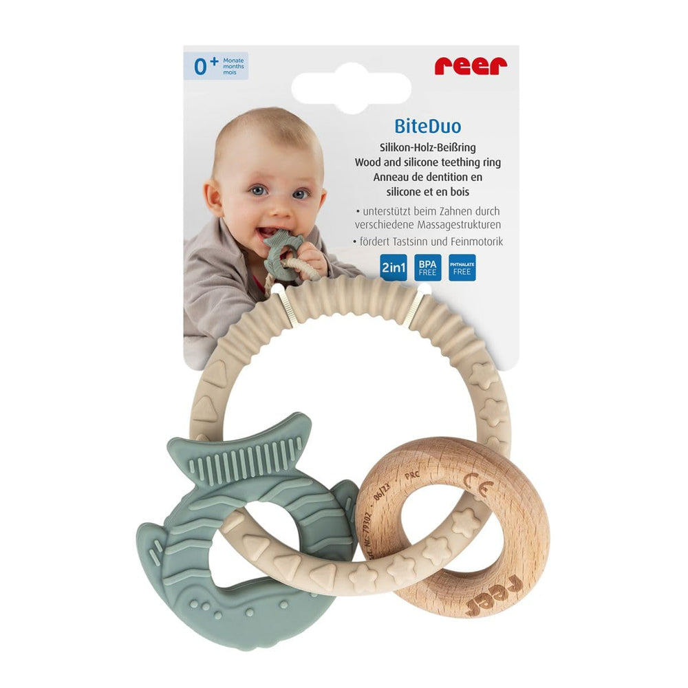 reer BiteDuo | Inel de dentiție din silicon și lemn pentru bebeluși | Ajutor pentru dentiție | Jucărie cu motor