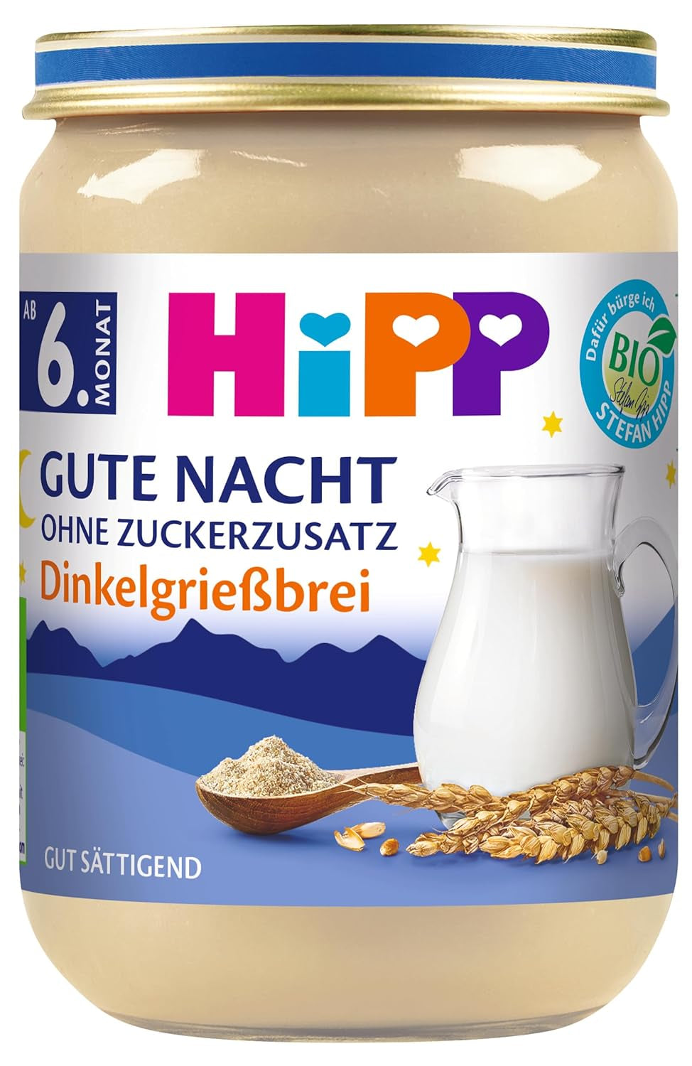 Terci de griș de speltă HiPP Organic Good Night (6 x 190g), hrană pentru bebeluși de la 6 luni, fără zahăr adăugat, foarte sățios, de cea mai bună calitate organică