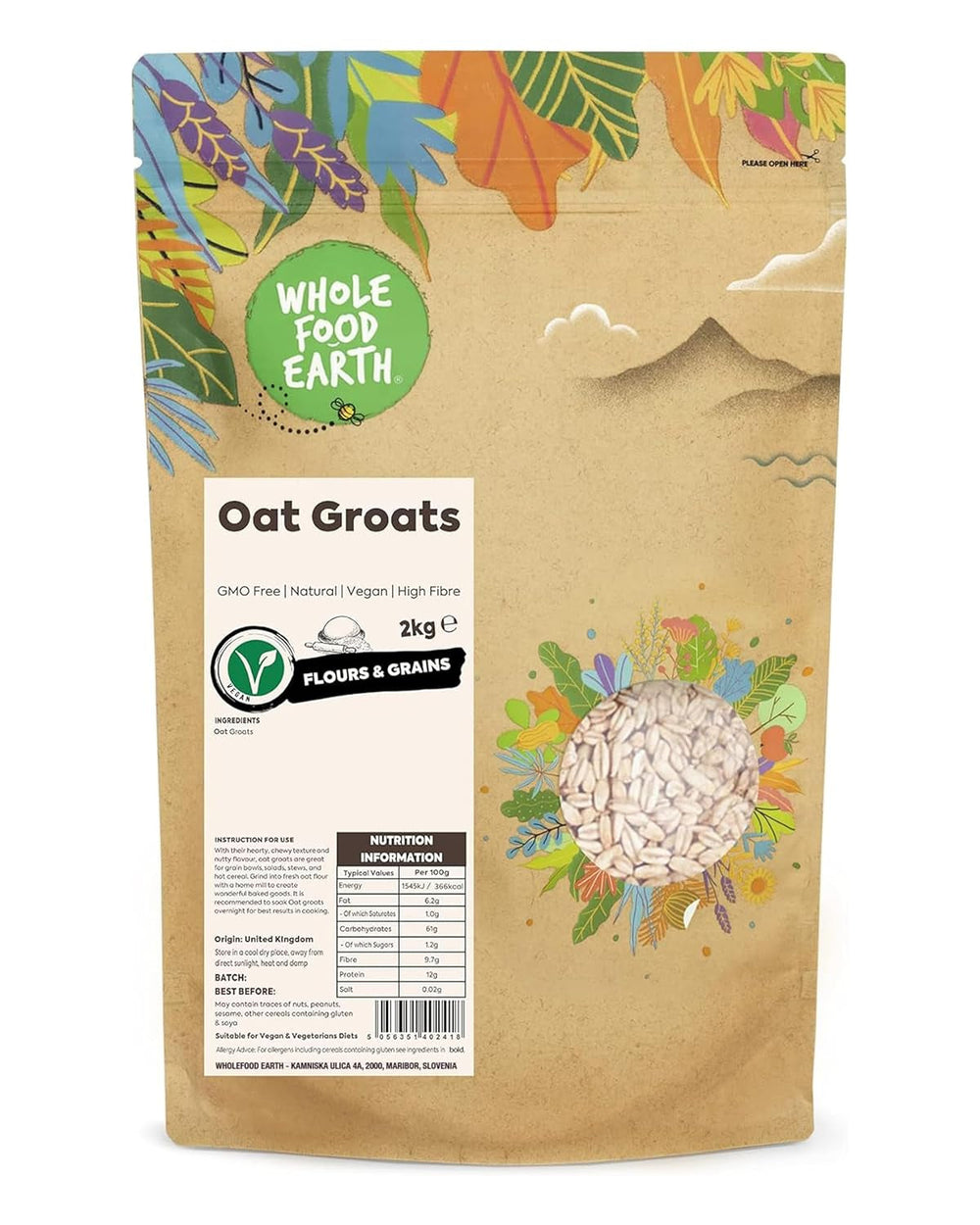 Crupe de ovăz Wholefood Earth 2 kg | Fără OMG | Natural | Bogat în fibre