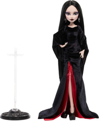 Monster High x Wednesday Puppe, Morticia Addams Sammelfigur im schwarz-purpurrotem Samtkleid mit Schmuck, von der Serie inspirierte Heels und Puppenständer, JLK99