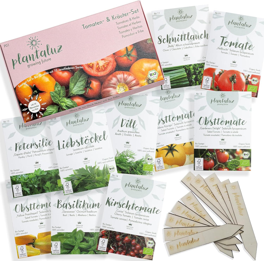 Plantaluz Bio Premium Saatgut Set – 10 Sorten Tomaten & Kräuter Samen – Samenfeste Bio-Qualität Für Garten & Balkon – Liebevolle Geschenkidee Inkl. Beschriftbarer Pflanzenstecker