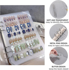 Set organizator unghii A5 cu sistem de închidere cu capse și foi detașabile – Cutie transparentă robustă + 6 tampoane adezive și carte de depozitare detașabilă pentru unghii artificiale/adezive – Ideal pentru depozitare, prezentare