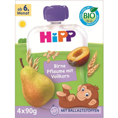 Pliculețe HiPP Organic cu pere și prune, cu cereale integrale, 16 bucăți (4 pachete a câte 4 x 90g fiecare), pentru bebeluși de la 6 luni, fără zahăr adăugat, vegane, de cea mai bună calitate organică