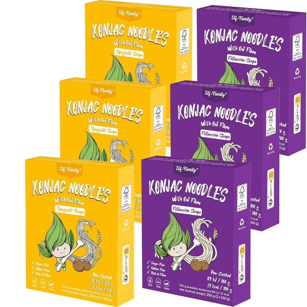 Tăiței Konjac Premium din Thailanda, Vegani, Fără Gluten - 240g x Pachet de 6 (12 pachete), Tăiței Shirataki Elf-Family, Tăiței Instant, Paste/Keto/Conținut scăzut de carbohidrați/Conținut scăzut de calorii/Fără zahăr - Spaghete și Fettuccine