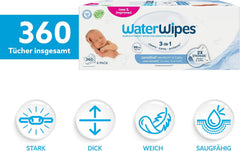 Șervețele umede WaterWipes Sensitive+ pentru nou-născuți și bebeluși, 360 bucăți (6 pachete), curățare, îngrijire, protecție 3 în 1, 99,9% apă, fără parfum