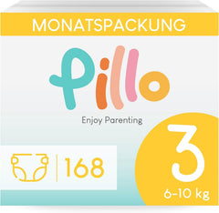 Scutece Pillo 3 - Cutie cu 168 de scutece, 6 pachete a câte 28 de scutece fiecare, mărimea 3 - Midi (6-10 kg) - Scutece pentru bebeluși