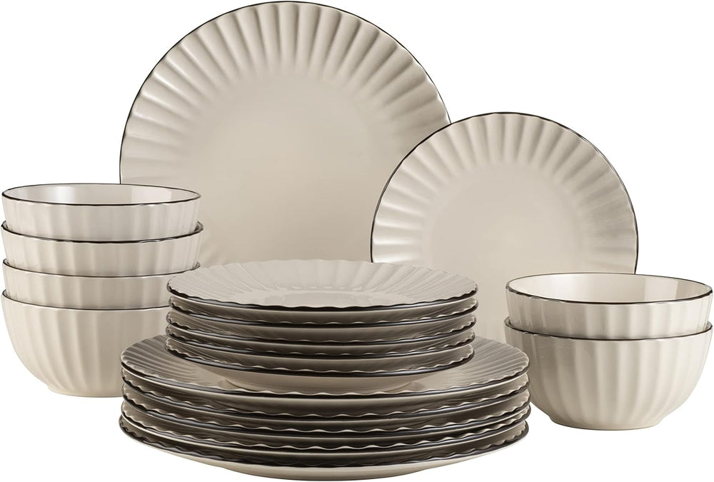 MÄSER 931967 Set de veselă Osita Retro Series pentru 6 persoane în formă de val, set de veselă rotundă cu 18 piese, farfurii de cină, farfurii de desert și boluri pentru cereale, ceramică, alb crem