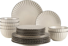 MÄSER 931967 Set de veselă Osita Retro Series pentru 6 persoane în formă de val, set de veselă rotundă cu 18 piese, farfurii de cină, farfurii de desert și boluri pentru cereale, ceramică, alb crem