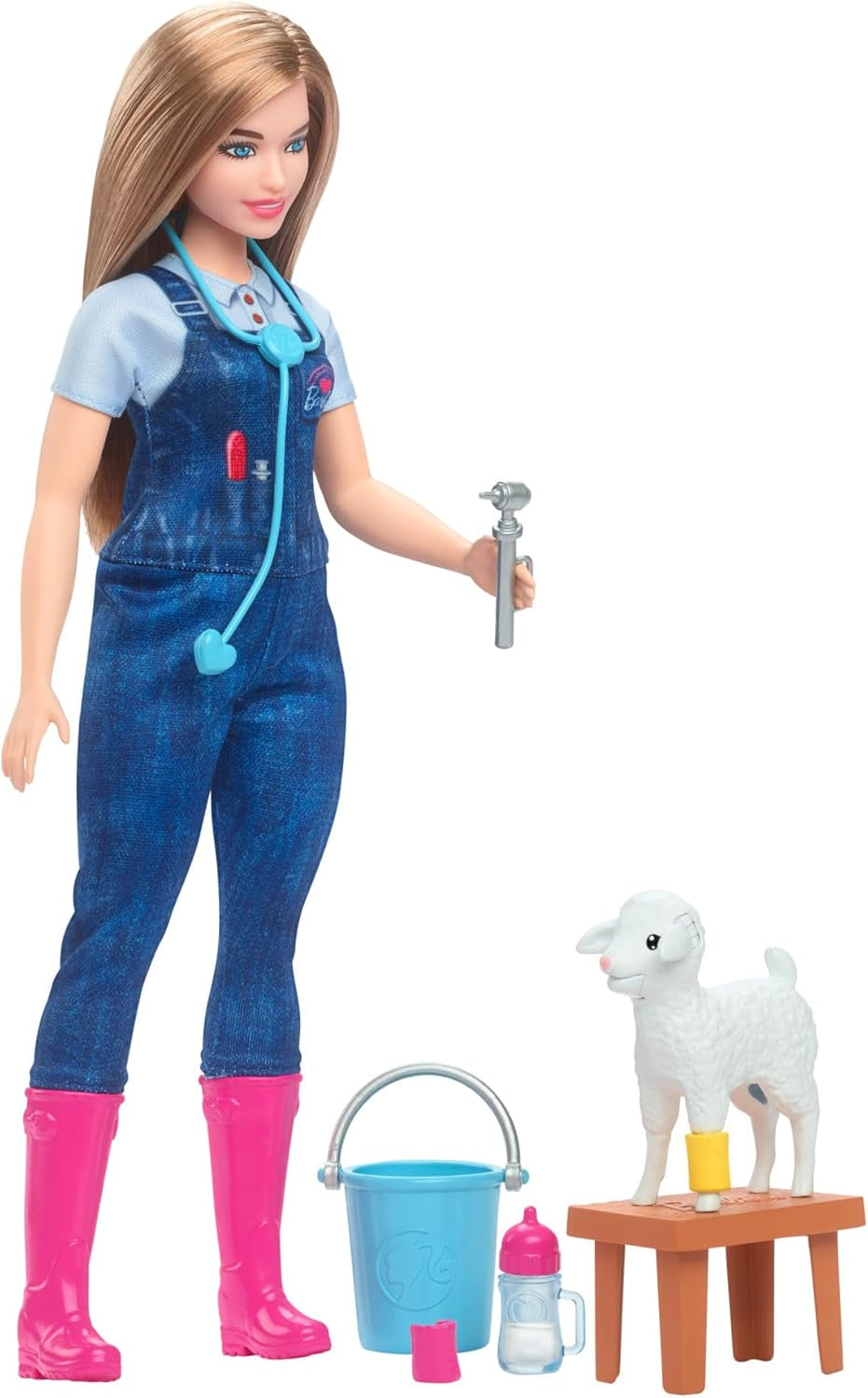 Barbie-Puppe zum 65. Jubiläum und 10 Zubehörteile, Hoftierärztin-Set mit Blonder Tierärztin-Puppe, Lamm mit bewegbaren Ohren und mehr, HRG42