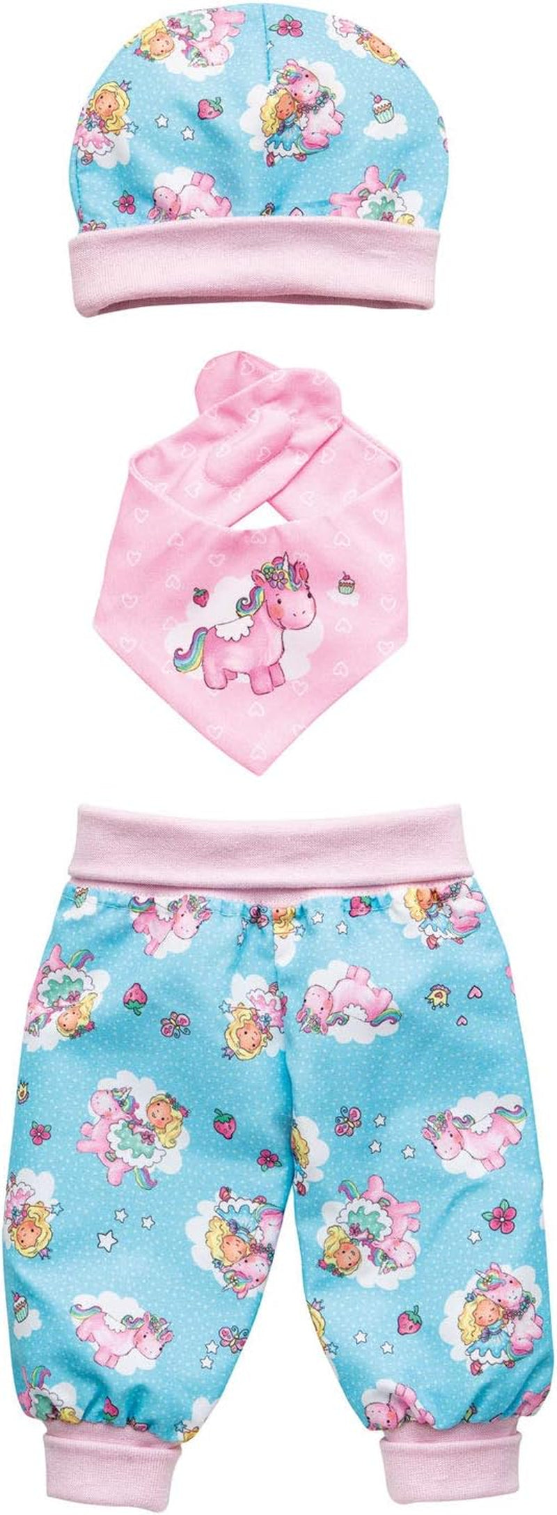 Heless 1080 - Bekleidungs-Set für Puppen im Design von Einhorn Emil und Fee Emma, 3 teilig mit Hose, Mütze und Halstuch, Größe 28 - 35 cm
