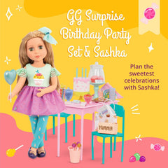 Glitter Girls - GG Surprise Birthday Party Set & Sashka - Bewegliche 36cm Puppe Sashka - Überraschungs-Geburtstagsparty-Set - Tisch & Stühle Möbel - 3 Jahre +