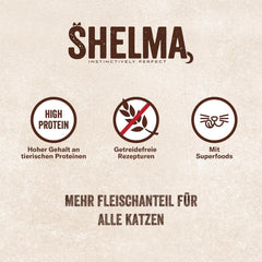 Hrană umedă pentru pisici Shelma cu pui în sos cu roșii și ierburi – Hrană completă fără cereale cu conținut ridicat de carne – 28 x 85 g (2,38 kg)