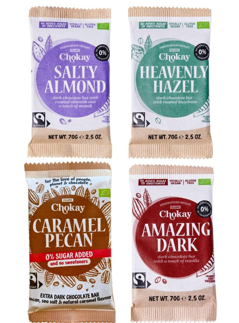 Baton Organic - Set de mostre cu 4 bucăți/Uimitor de negru, Alune de pădure, Caramel cu nuci pecan, Migdale sărate/Fără zahăr adăugat, fără îndulcitori/VEGAN, FĂRĂ GLUTEN ȘI COMERȚ ECHITABIL / 4 x 70g