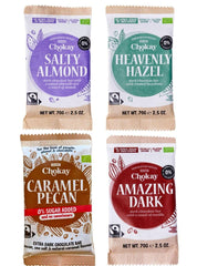 Baton Organic - Set de mostre cu 4 bucăți/Uimitor de negru, Alune de pădure, Caramel cu nuci pecan, Migdale sărate/Fără zahăr adăugat, fără îndulcitori/VEGAN, FĂRĂ GLUTEN ȘI COMERȚ ECHITABIL / 4 x 70g