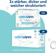 Șervețele umede WaterWipes Sensitive+ On The Go, 100 de șervețele (10 pachete), 3 în 1 curăță, îngrijește, protejează, 99,9% apă, șervețele fără parfum