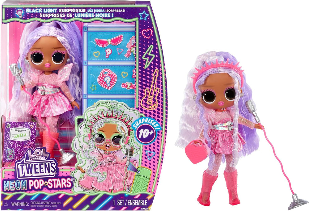 L.O.L. Surprise! Tweens Neon Pop Stars - Kitty K - 1 Modepuppe mit Backlight Surprises und 10+ Pop Star Fashions und Accessoires Inklusive Retro Mikro-Ständer, Geschenk für Kinder ab 4