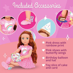 Glitter Girls - Cicely - 36 cm Geburtstagspuppe - Regenbogen Herz Kleid, Geburtstag Hut, Kuchen, Ballon - Poseable Arme & Beine - Rote Haare und grüne Augen - 3 Jahre +