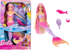 BARBIE Meerjungfrau-Puppe - Inspiriert von der Fernsehserie "Barbie Ein verborgener Zauber", mit Farbwechseleffekt und Zubehör, 19 cm lange pinke Haare zum Stylen, für Kinder ab 3 Jahren, HRP97