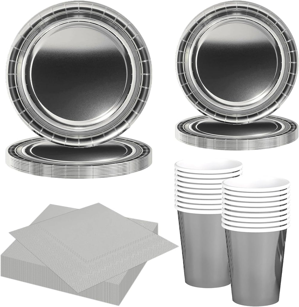Set de tacâmuri din hârtie argintie, format din 68 de piese, farfurii de hârtie argintii, pahare de hârtie, șervețele, tacâmuri decorative pentru petreceri, zile de naștere, nunți, Revelion, absolviri, articole pentru petreceri