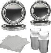 Set de tacâmuri din hârtie argintie, format din 68 de piese, farfurii de hârtie argintii, pahare de hârtie, șervețele, tacâmuri decorative pentru petreceri, zile de naștere, nunți, Revelion, absolviri, articole pentru petreceri