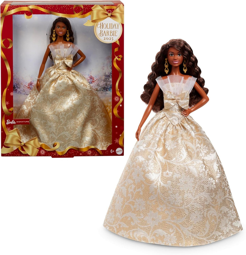 Barbie Signature Puppe, 2025 Holiday, schwarzhaarige Modepuppe mit Kleid in Silber und Gold, saisonale Sammlerpuppe in Einer Verpackung zum Ausstellen und mit Puppenständer, JBJ01
