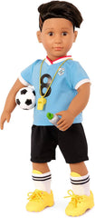 Our Generation - Mateo - Bewegliche 46 cm Junge Puppe - Lebensechte braune Augen & Zickzack-Haarschnitt-Liniendesign - Fußballtrikots & Zubehör - Spielzeug für Kinder ab 3 Jahren