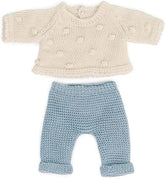 Strick-Kleiderset für Miniland Dolls, aus recyceltem Material, für 21cm Puppen. Modell: Pullover und Hose, weiß und blau